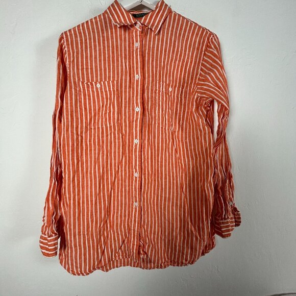 Lauren Ralph Lauren Womens Orange & White Striped Linen Button-Up Shirt Large - Picture 1 of 6